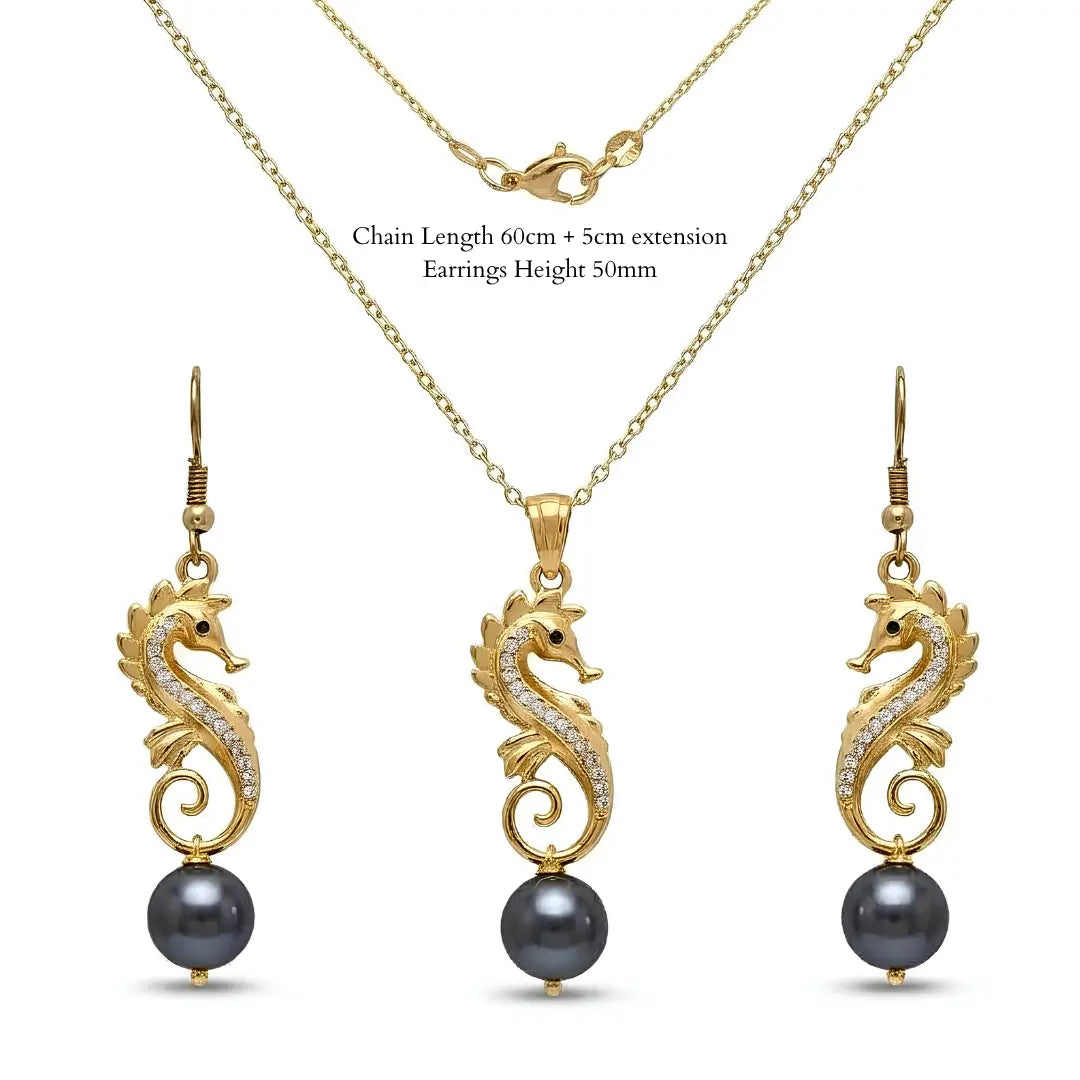 18K Gold Filled Hawaiian Seahorse Pendant Necklace – Sparkling Cubic Zirconia Seahorse with 12mm Pearl Charm on 60cm Chain for Women
